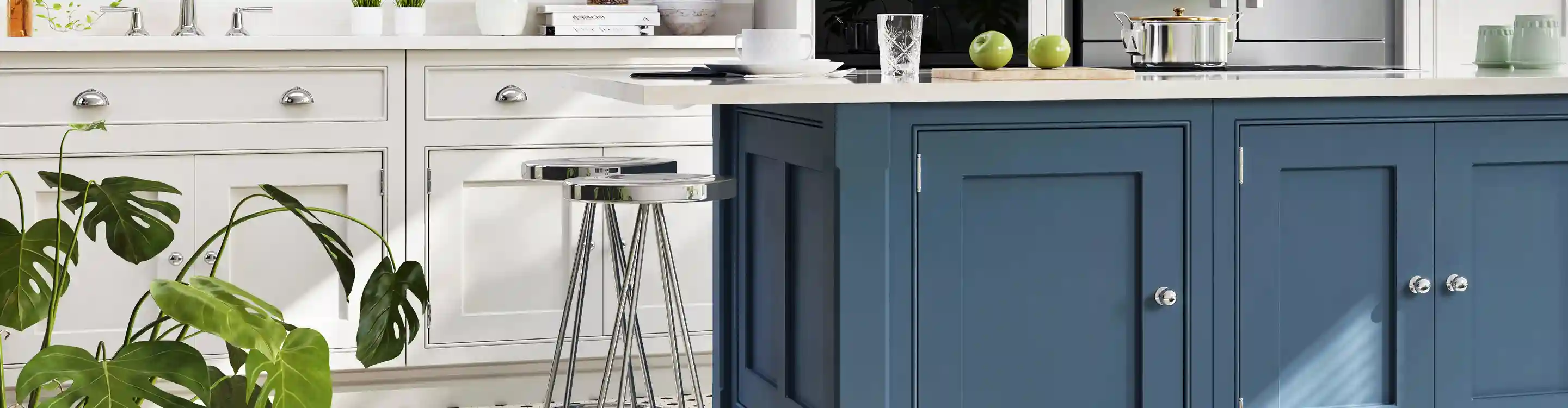 white cabinets in kitchen with island with blue cabinets